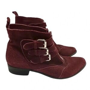 Zigi Soho Lead Ankle Boots 9M Burgundy Suede Triple Buckle Front Zip Moto Iconic